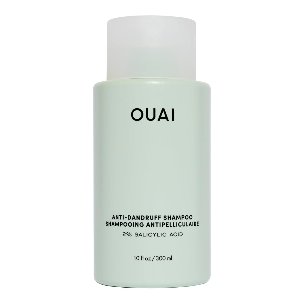 OUAI anti-dandruff shampoo bottle front highlights sulfate-free formula for a calmer scalp.