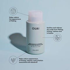 OUAI shampoo label closeup highlights ingredients and sulfate-free claim.