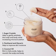 OUAI coconut oil nourishes skin during exfoliation.