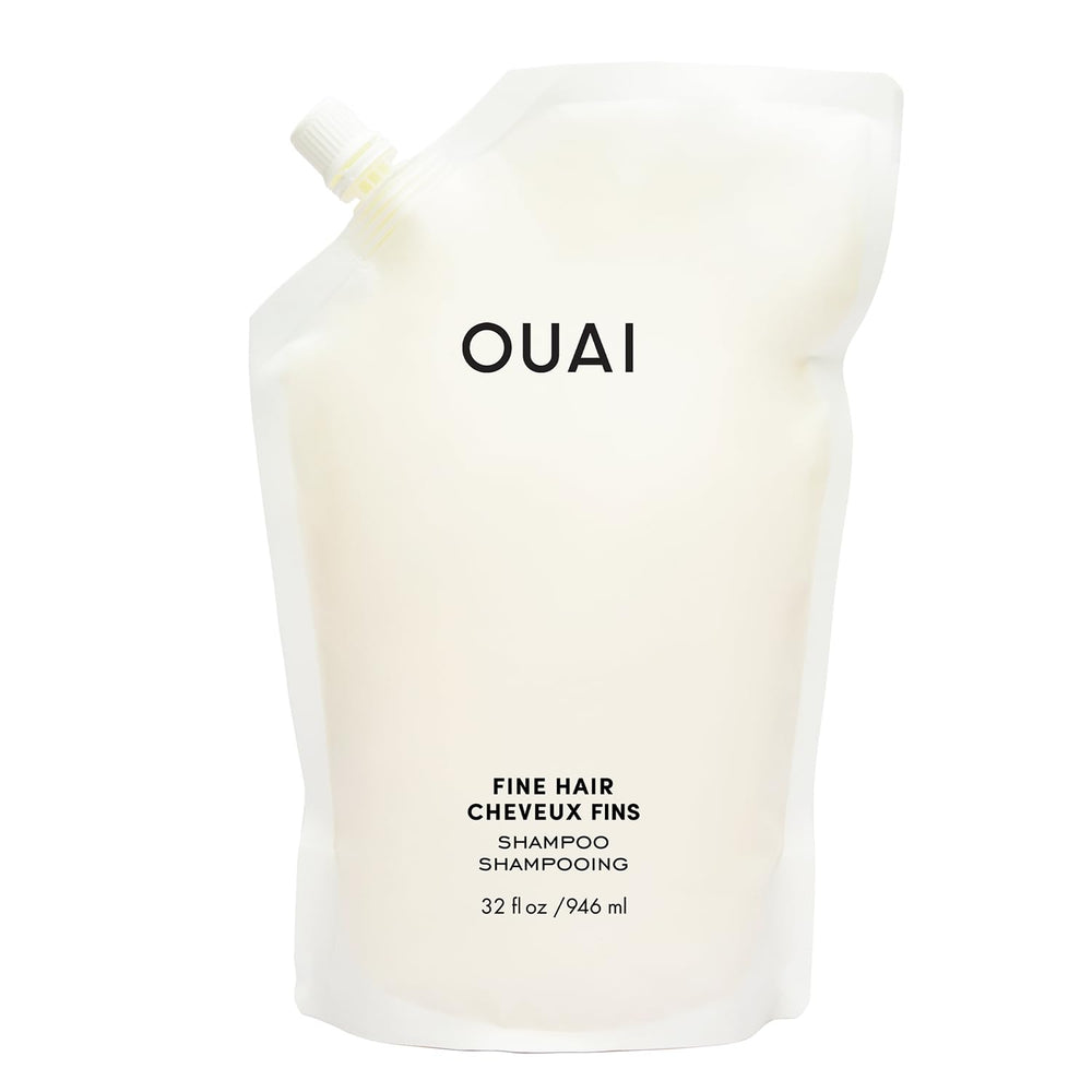 OUAI Fine Hair Shampoo refill bottle—compact design for lightweight volume.