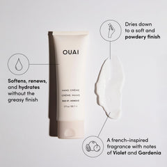 OUAI Hand Cream ingredients featuring shea butter, murumuru butter, and coconut oil for moisture.