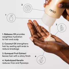 OUAI medium shampoo ingredients close-up with keratin and kumquat extract