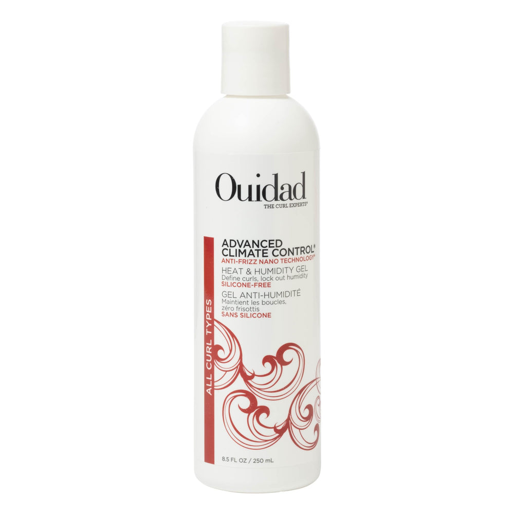 Ouidad Advanced Climate Control gel bottle shown, delivering humidity defense for frizz-free curls.