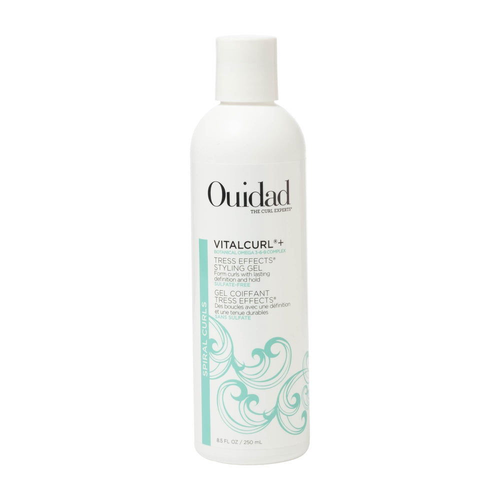 Ouidad VitalCurl+ Tress Effects Styling Gel bottle shows strong hold for defined curls.