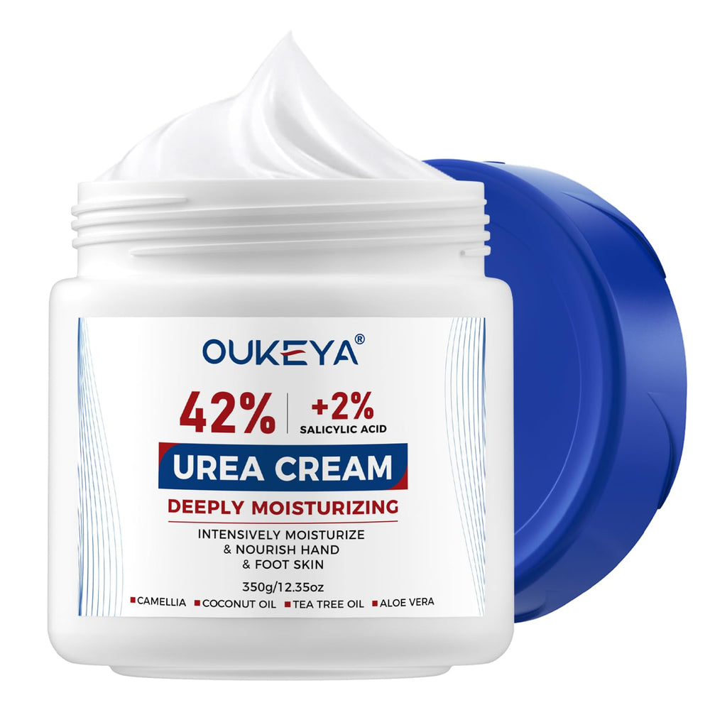 OUKEYA Urea Cream 42% jar provides deep hydration for dry, cracked skin.