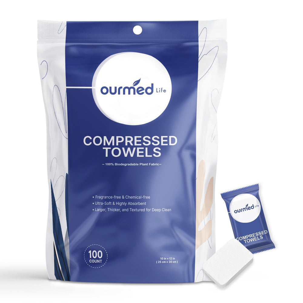 Ourmed Life compressed towel packaging with individual wrappers for clean, on-the-go use.