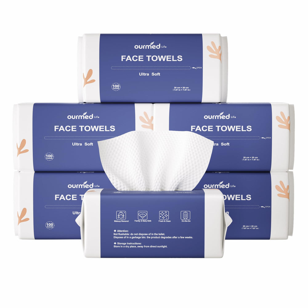 Ourmed Life biodegradable face towels in packaging, ideal for eco-friendly daily cleansing.
