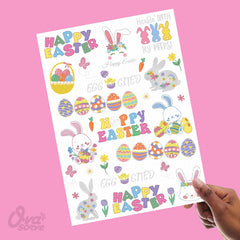 Tatuajes Ovasorve de Pascua con huevos, conejos y cestas para decoración.
