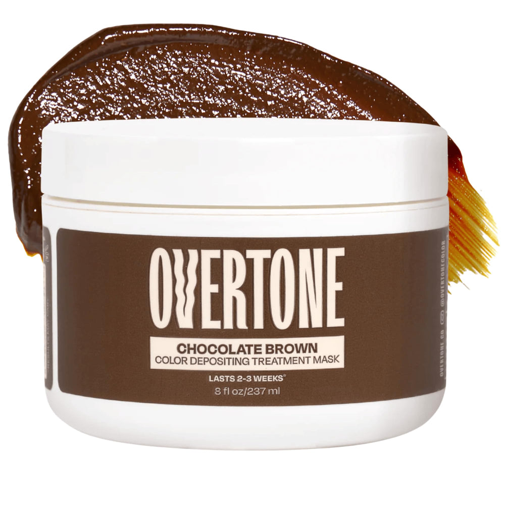 Overtone Chocolate Brown bottle pour showing vibrant color deposition for at-home use.
