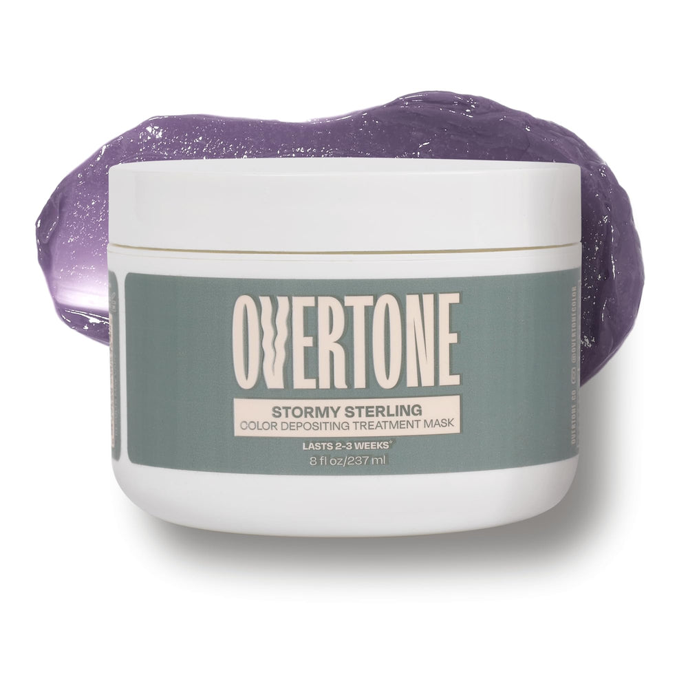 Overtone Stormy Sterling bottle front with vibrant color for nourished, glossy hair.