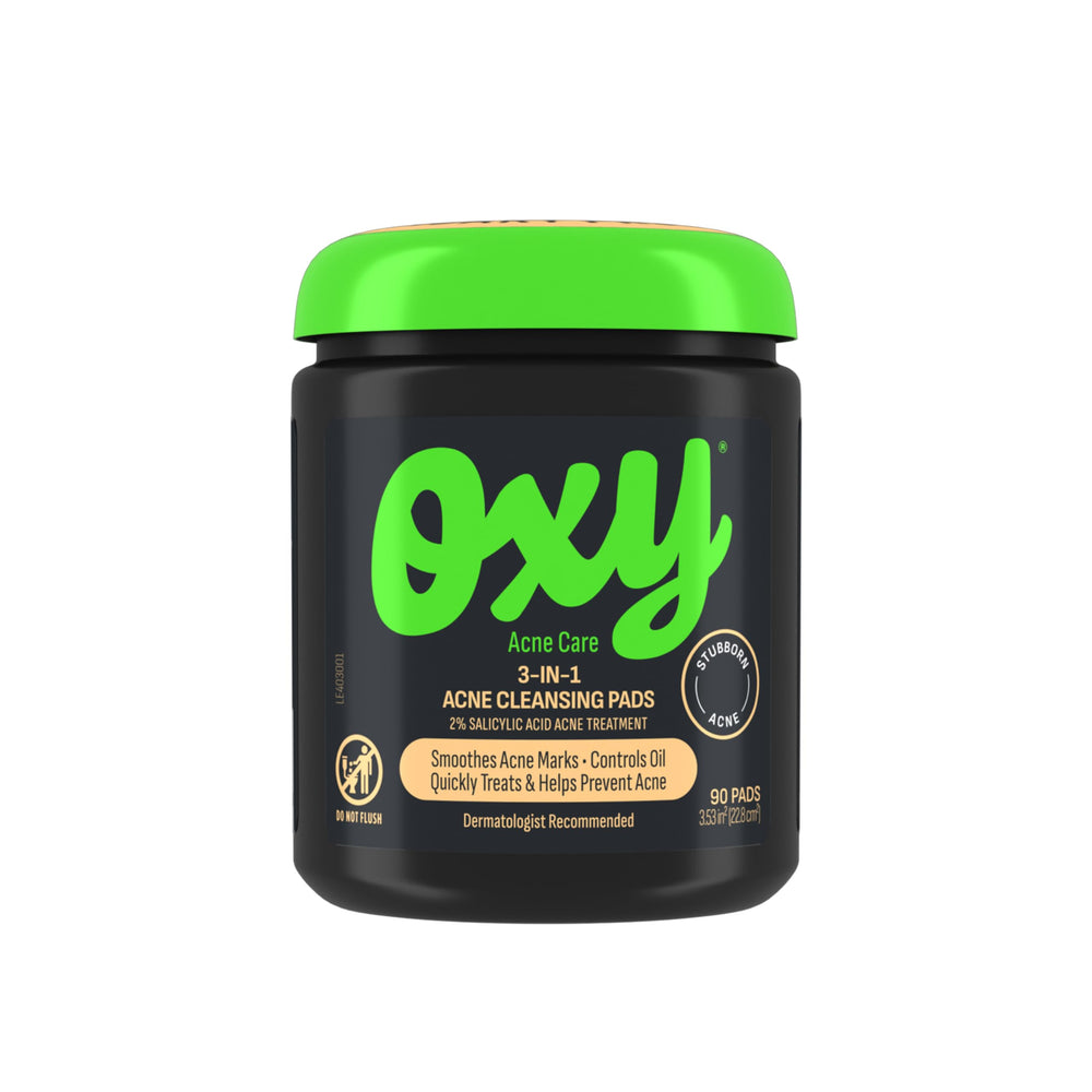Oxy 3-In-1 pad with textured side exfoliates and unclogs pores for clearer skin.