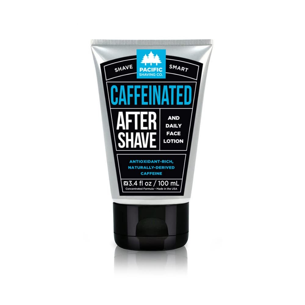 Pacific Shaving caffeinated aftershave bottle closeup showing a refreshing morning routine