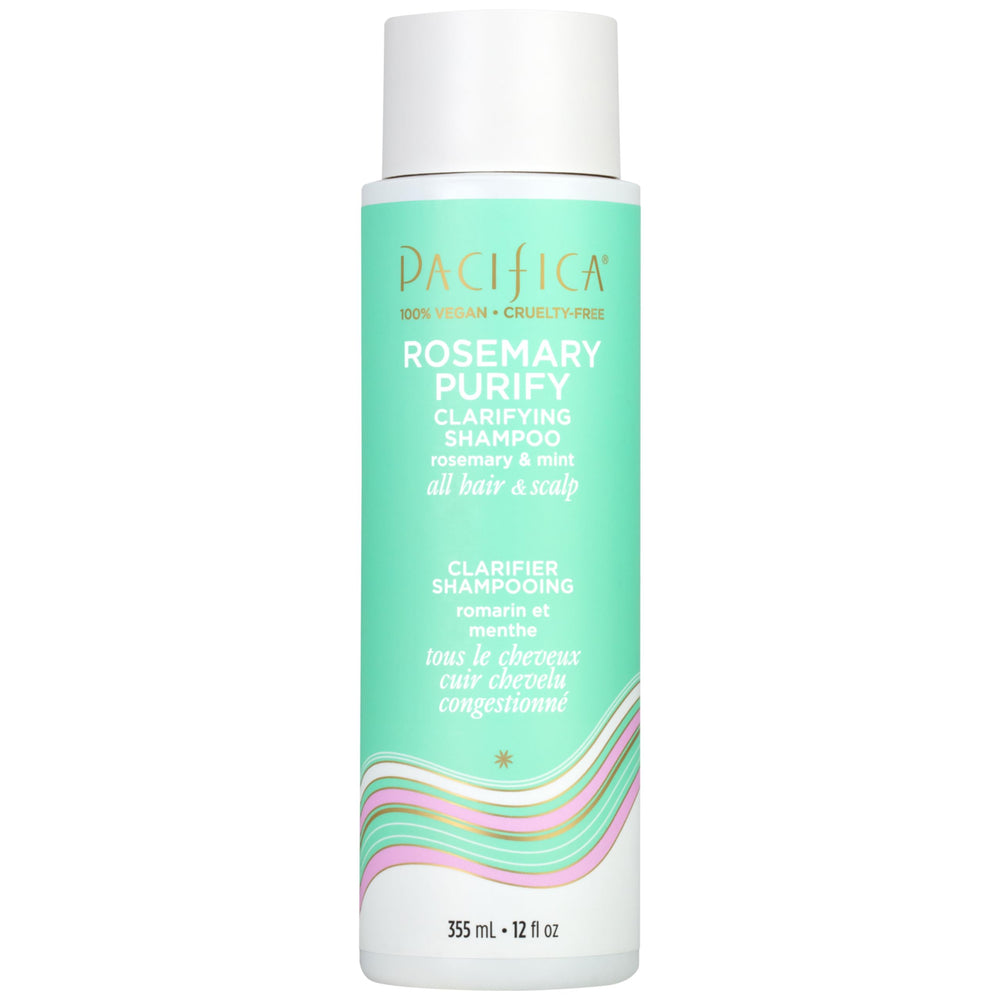 Pacifica Rosemary Purify Shampoo, botella-frente: limpieza profunda y frescura herbal.