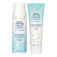 Pacifica Coco Peptide Damage Care Shampoo bottle promoting repair for dry hair.