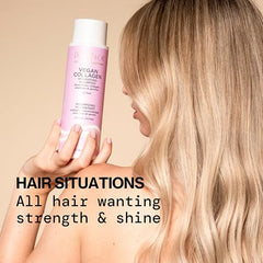 Pacifica Collagen Vegan Shampoo enfatiza panthenol B5 para suavidad y manejo.
