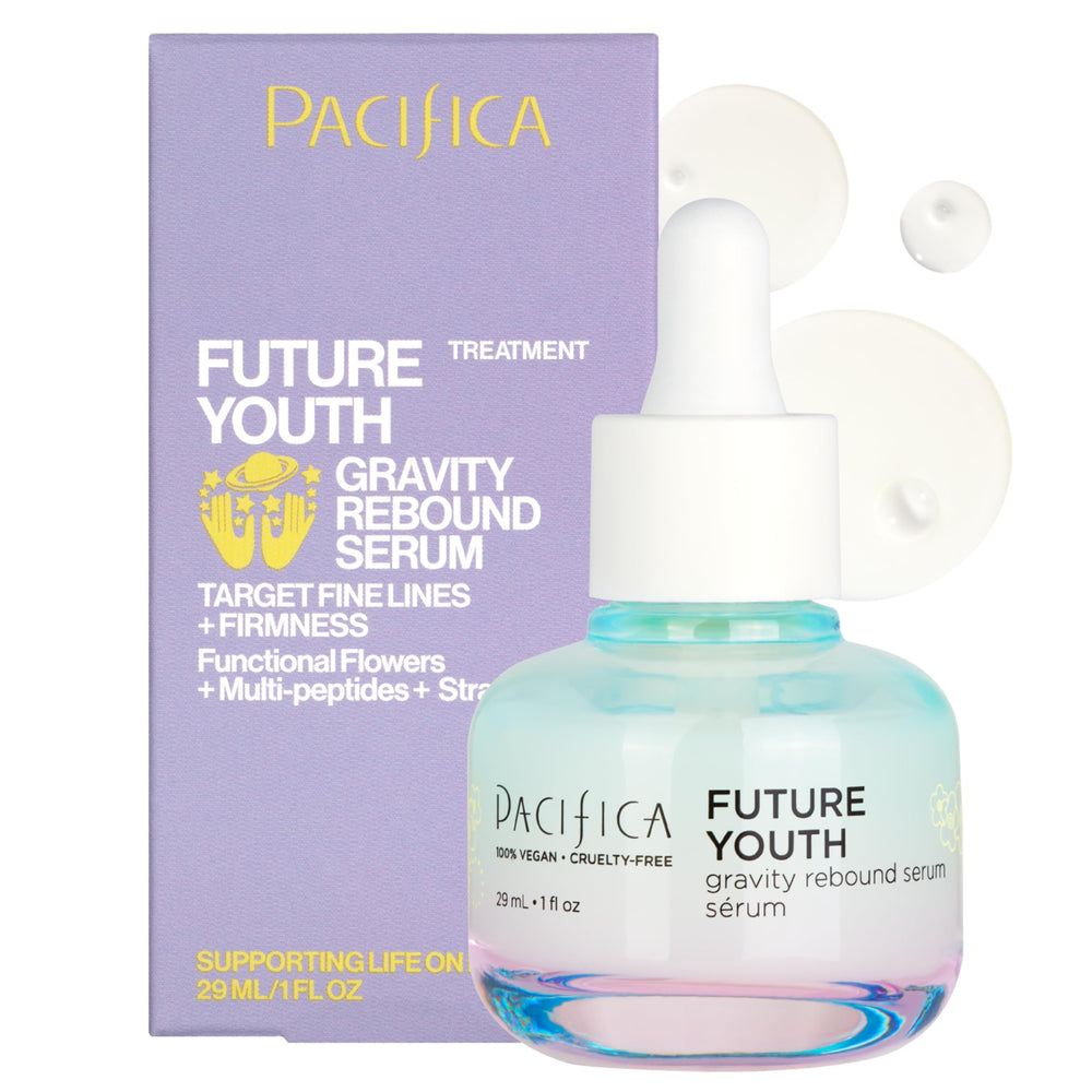 Pacifica Future Youth Gravity Rebound serum bottle highlights vegan formula for quick absorption