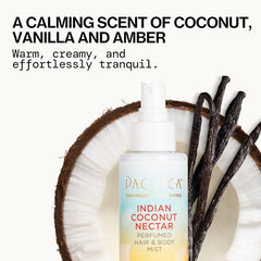 Pacifica Indian Coconut Nectar Hair Mist spray-dispense for easy, light application.