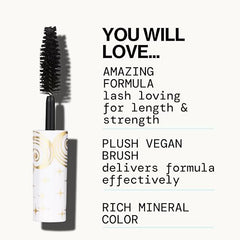 Close-up of the Mini Stellar Gaze Mascara brush with fluffy bristles for even coating.