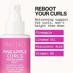 Pacifica Pineapple Curls Refresher Mist label close-up showing hyaluronic acid and B5