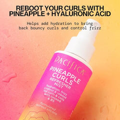 Pacifica Pineapple Curls Refresher Mist spray in hand for mid-day curl refresh