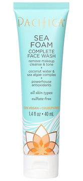 Pacifica Sea Foam Face Wash bottle pouring, gentle cleansing without drying