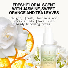 Pacifica Tahitian Gardenia mist being spritzed, lightweight scent for hair and skin.