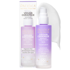 Pacifica Vegan Ceramide Barrier Repair Face Lotion bottle emphasizes ultra-light absorption for sensitive skin.