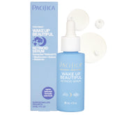 Botella de Pacifica Wake Up Beautiful Serum en primer plano para cuidado nocturno suave