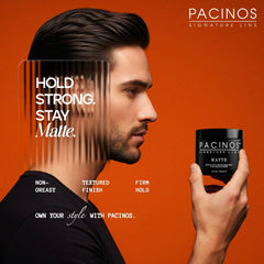 Pacinos Pasta Mate aplicación en pelo húmedo para definición limpia sin brillo.