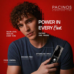 Close-up of Pacinos Signature Line Curl Mousse dispense showing controlled flow.