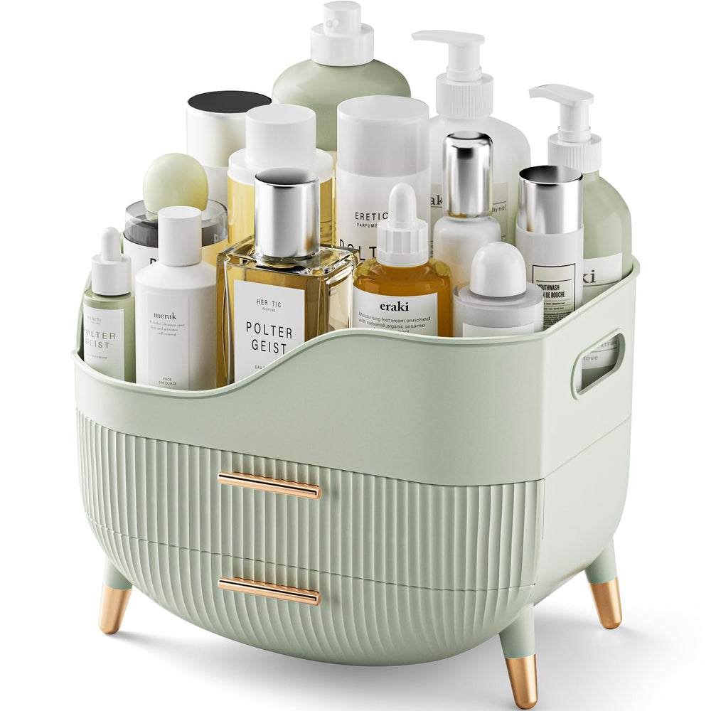 Pajiriona makeup organizer with drawers and top compartment for easy access to cosmetics.