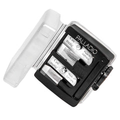 Palladio double barrel sharpener with cover for mess-free sharpening of lip, eyeliner, and brow pencils