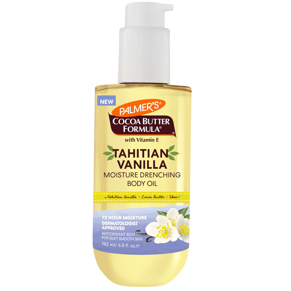 Palmer's aceite corporal cacao vainilla Tahitiana en botella, hidratación suave.