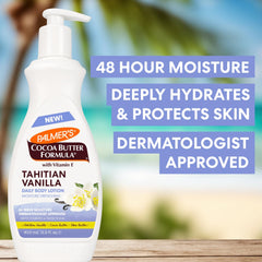 Creamy texture close-up of Palmer's Tahitian Vanilla lotion on skin for nourishment.