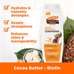 Palmer's Etiqueta resaltando manteca de cacao y biotina para el cuidado diario.