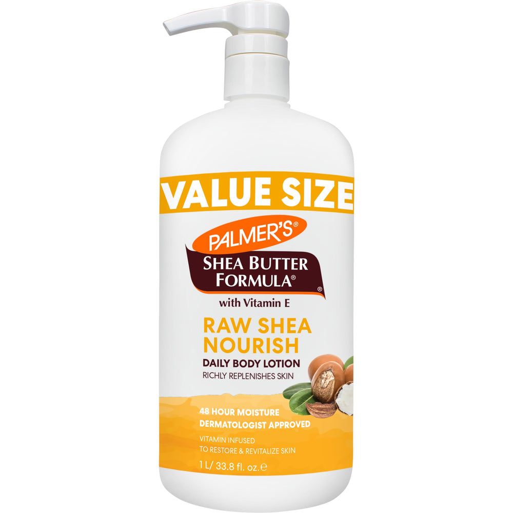 Palmer's Raw Shea Body Lotion, bote con dispensador, hidrata piel seca durante todo el día.