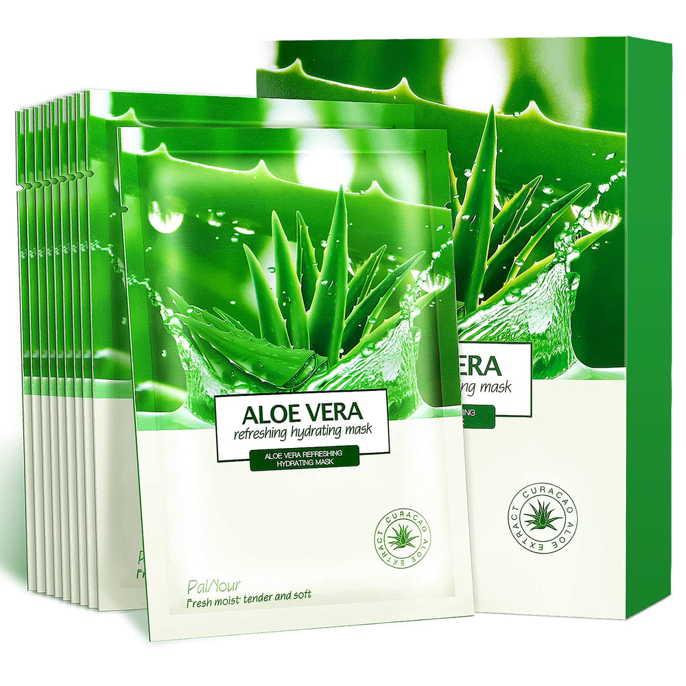 PalNour paquete de 10 hojas aloe facial, hidratación rápida para piel seca.