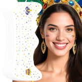 Paminify Mardi Gras face tattoos in green gold purple enhance carnival look.