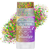 Paminify Mardi Gras glitter stick showing mess-free face and hair sparkle.
