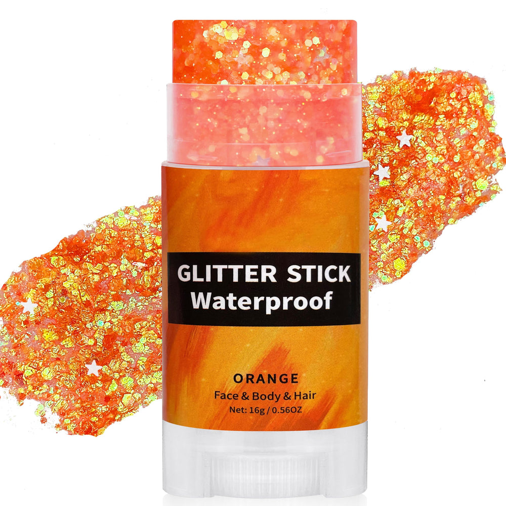Paminify Orange Glitter Stick packaging, compact and portable for on-the-go sparkle.