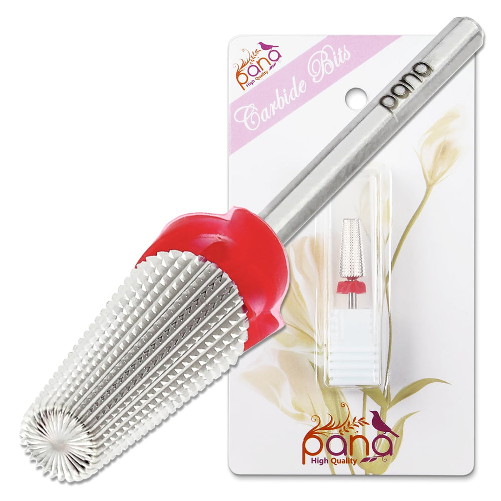 PANA Nail Carbide 5-in-1 bit close-up shows two-way rotation for precise acrylic removal