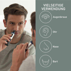 Panasonic ER-GN30-K ear trimmer for comfortable hair removal with dual-edge blades.