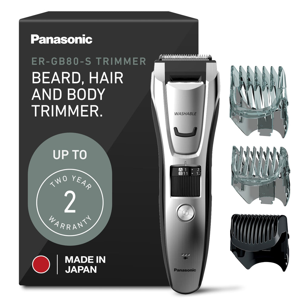 Panasonic ER-GB80-S blade close-up showing sharp stainless-steel blades for rapid trimming.