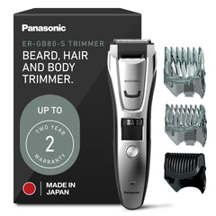Panasonic ER-GB80-S blade close-up showing sharp stainless-steel blades for rapid trimming.