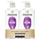Pantene Champú Sheer Volume en botella, ideal para cabello fino con plenitud duradera.