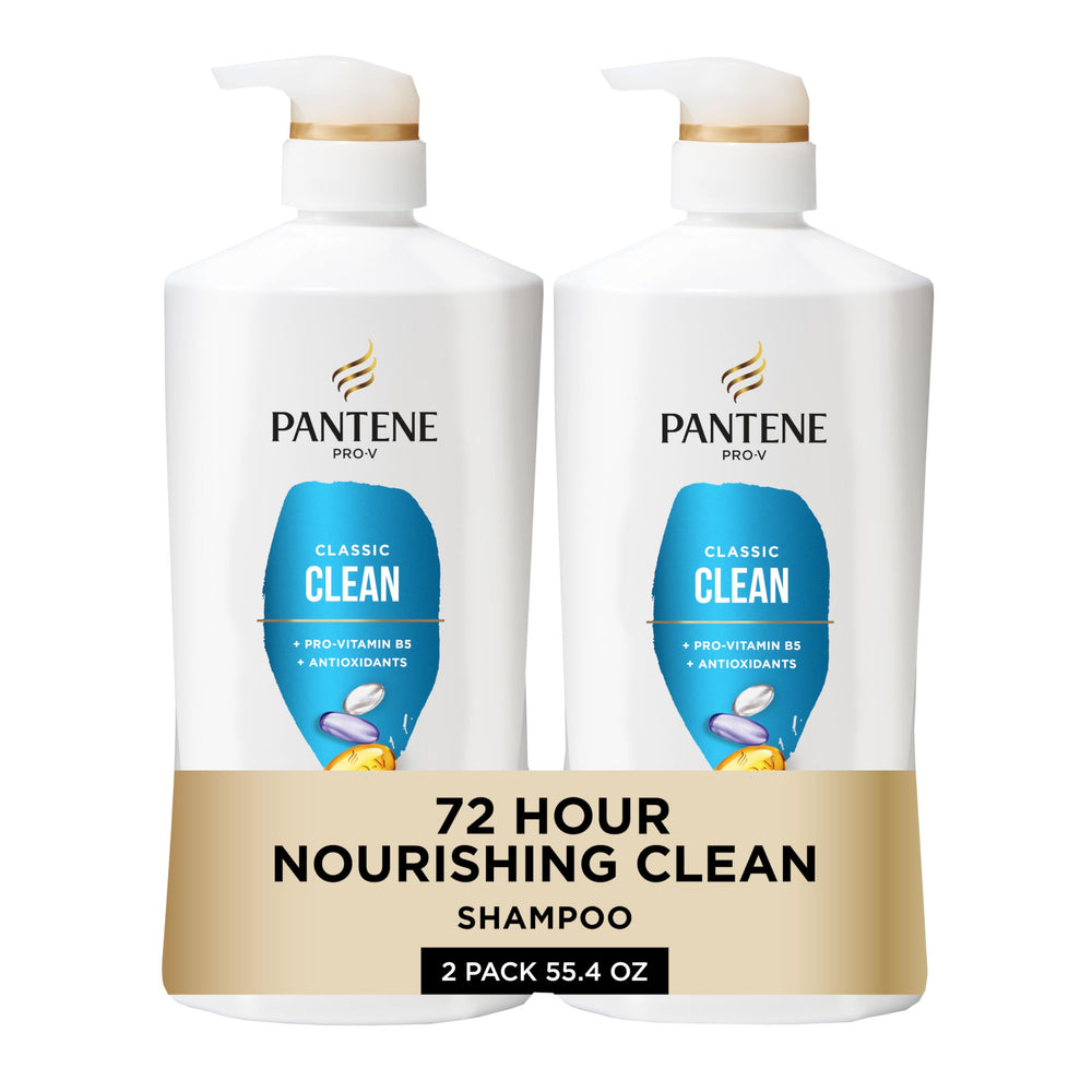 Pantene Classic Clean Shampoo, botella derramando, ofrece limpieza profunda sin resecar el cabello