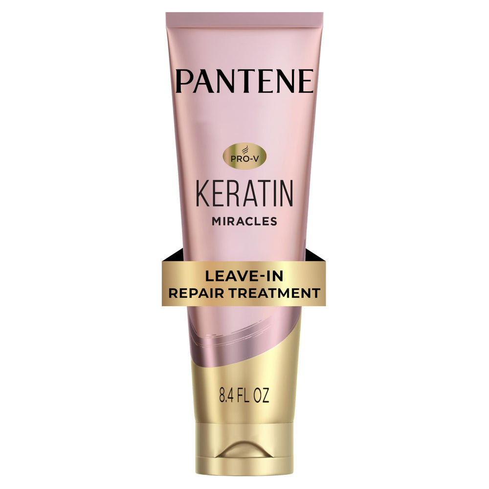 Pantene Keratin Leave-In bottle with argan oil delivers intense moisture for dry, damaged hair.