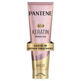 Pantene Keratin Leave-In bottle with argan oil delivers intense moisture for dry, damaged hair.
