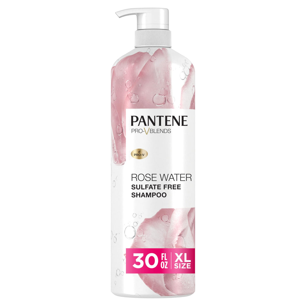 Pantene Rose Water Shampoo bottle shows sulfate-free formula for gentle daily hydration