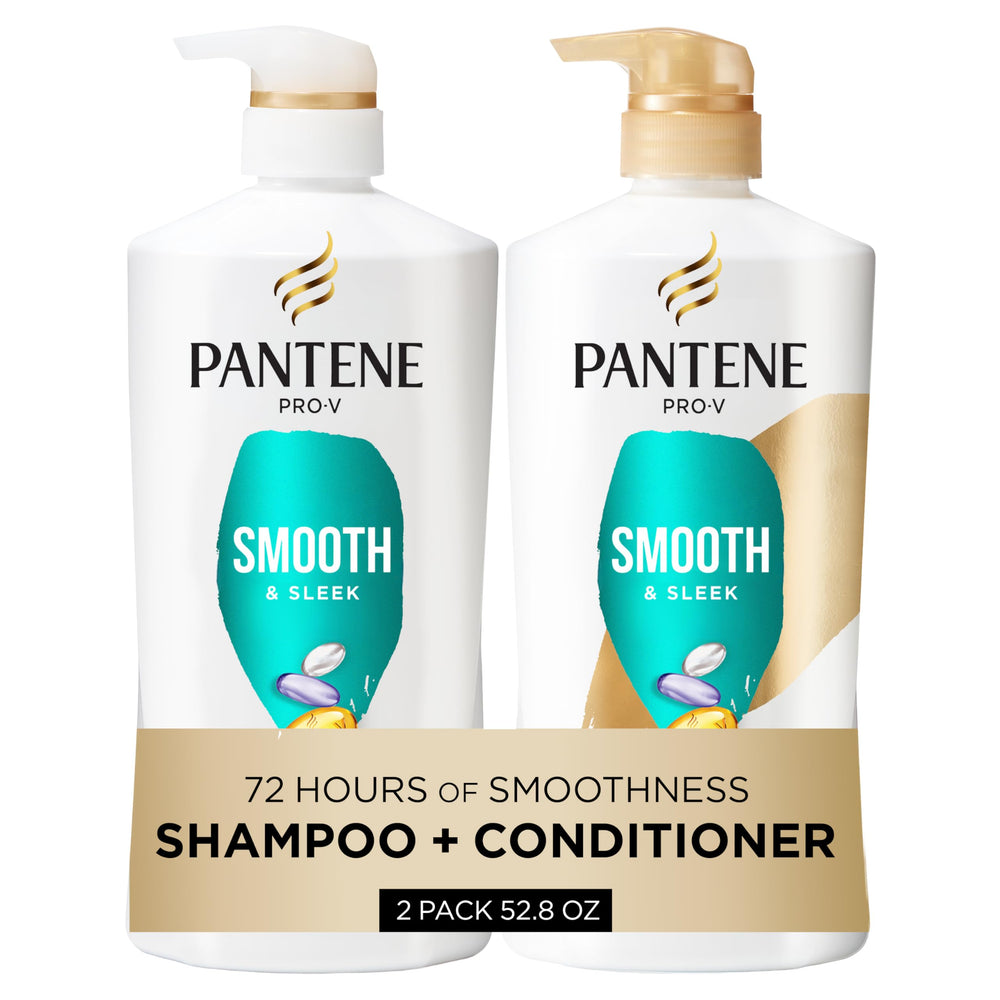 Pantene Smooth & Sleek shampoo bottle demonstrating frizz control in action.